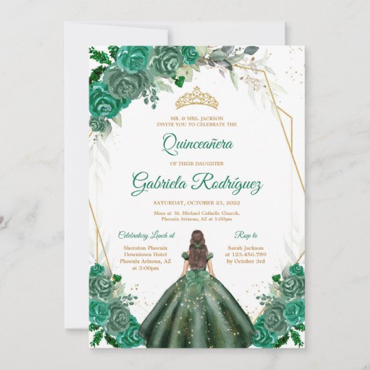 Quinceanera Floral Green Gold Invitation 招待状 (正面)
