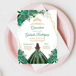 Quinceanera Floral Green Gold Invitation 招待状