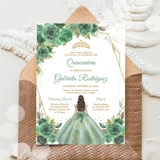 Quinceanera Floral Green Gold Invitation 招待状