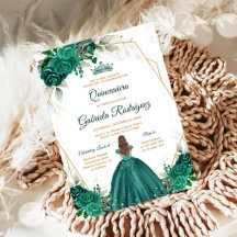 Quinceanera Floral Green Gold Invitation