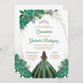 Quinceanera Floral Green Silver Invitation 招待状 (正面/裏面)
