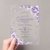 Quinceanera Floral Lilac Purple Silver アクリル招待状 (インサイチュ (ポータブル))