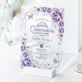 Quinceanera Floral Lilac Purple Silver アクリル招待状