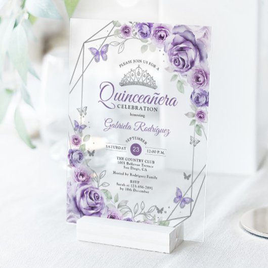 Quinceanera Floral Lilac Purple Silver アクリル招待状