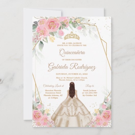 Quinceanera Floral Pink Gold Invitation 招待状 (正面)
