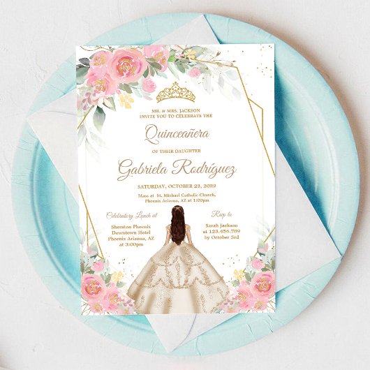 Quinceanera Floral Pink Gold Invitation 招待状