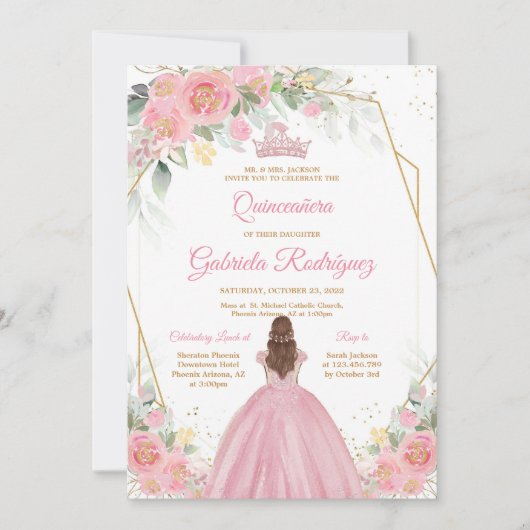 Quinceanera Floral Pink Gold Invitation 招待状 (正面)