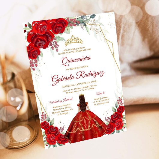 Quinceanera Floral Red Gold Invitation 招待状