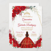 Quinceanera Floral Red Gold Invitation 招待状 (正面/裏面)