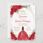 Quinceanera Floral Red Rose Gold Invitation 招待状 (正面)