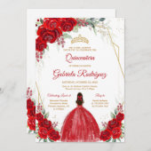 Quinceanera Floral Red Rose Gold Invitation 招待状 (正面/裏面)