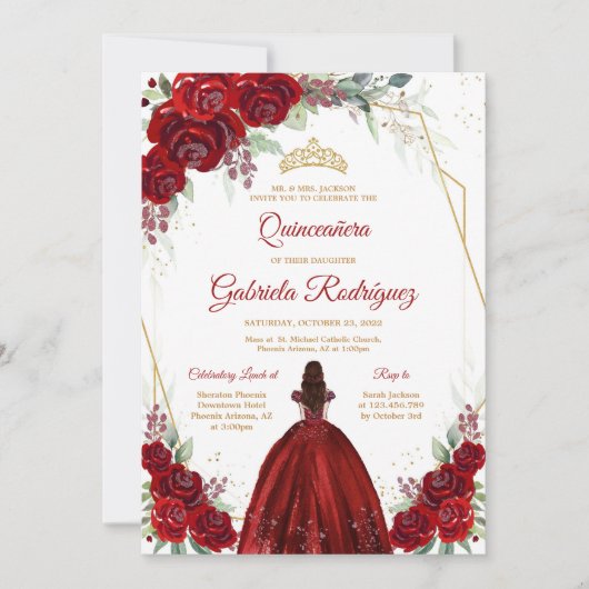 Quinceanera Floral Red Rose Gold Invitation 招待状 (正面)