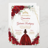 Quinceanera Floral Red Rose Gold Invitation 招待状 (正面/裏面)