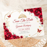 Quinceanera Floral Red Roses Gold セーブザデート<br><div class="desc">Red, gold and white floral Quinceanera celebration save the date. Features, brunette girl in ball gown dress script font, gold butterflies, watercolor roses and tiara. Perfect for an elegant princess style glam celebration. Personalize with your own details. Printed Zazzle cards or instant download digital printable template.</div>