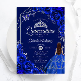 Quinceanera Floral Royal Blue Silver Dress 招待状