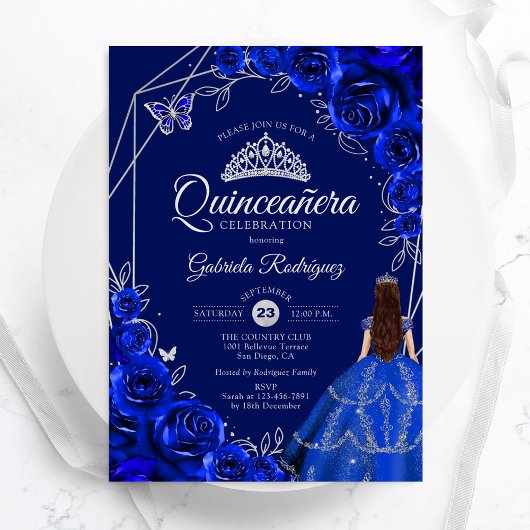 Quinceanera Floral Royal Blue Silver Dress 招待状