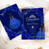 Quinceanera Floral Royal Blue Silver Dress 招待状