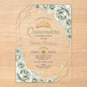 Quinceanera Floral Sage Green Gold アクリル招待状 (正面)
