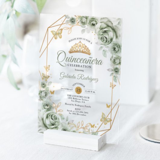 Quinceanera Floral Sage Green Gold アクリル招待状