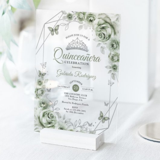 Quinceanera Floral Sage Green Silver アクリル招待状