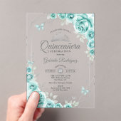 Quinceanera Floral Turquoise Silver アクリル招待状 (インサイチュ (ポータブル))