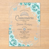 Quinceanera Floral Turquoise Silver アクリル招待状 (正面)
