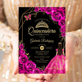 Quinceanera Fuchsia Pink Gold Dress Floral 招待状