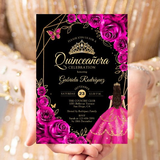 Quinceanera Fuchsia Pink Gold Dress Floral 招待状