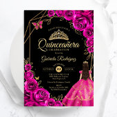 Quinceanera Fuchsia Pink Gold Dress Floral 招待状