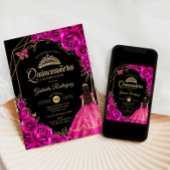Quinceanera Fuchsia Pink Gold Dress Floral 招待状