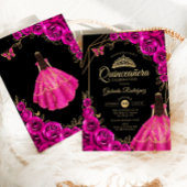Quinceanera Fuchsia Pink Gold Dress Floral 招待状