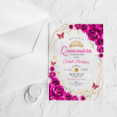 Quinceanera Fuchsia Pink Gold Floral アクリル招待状