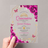 Quinceanera Fuchsia Pink Gold Floral アクリル招待状 (インサイチュ (ポータブル))