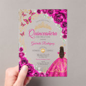Quinceanera Fuchsia Pink Gold Floral アクリル招待状 (インサイチュ (ポータブル))