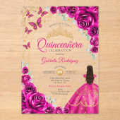 Quinceanera Fuchsia Pink Gold Floral アクリル招待状 (正面)