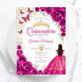 Quinceanera Fuchsia Pink Gold Floral 招待状