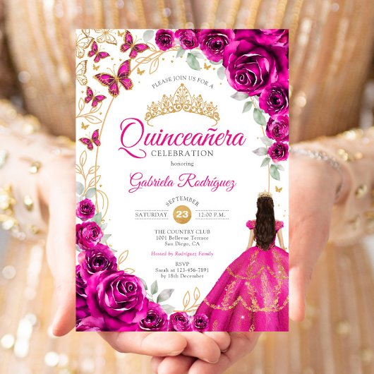 Quinceanera Fuchsia Pink Gold Floral 招待状