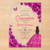 Quinceanera Fuchsia Pink Silver Dress アクリル招待状 (正面)