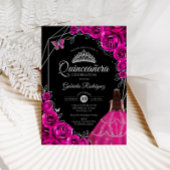 Quinceanera Fuchsia Pink Silver Dress Floral 招待状