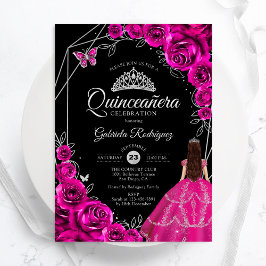 Quinceanera Fuchsia Pink Silver Dress Floral 招待状