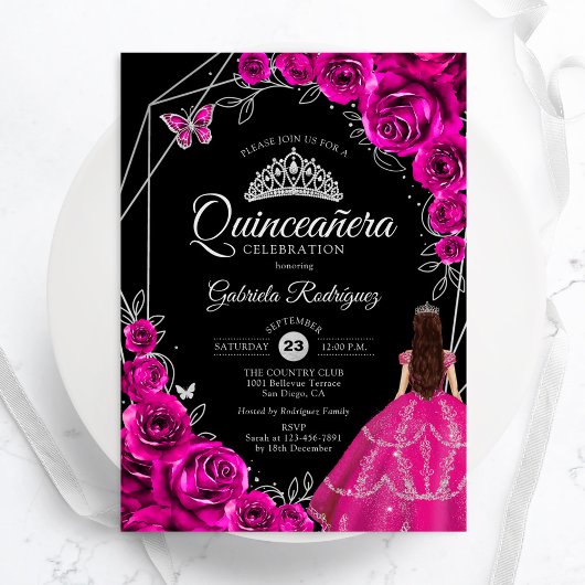 Quinceanera Fuchsia Pink Silver Dress Floral 招待状