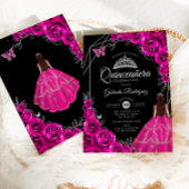 Quinceanera Fuchsia Pink Silver Dress Floral 招待状