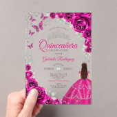 Quinceanera Fuchsia Pink Silver Floral アクリル招待状 (インサイチュ (ポータブル))
