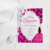 Quinceanera Fuchsia Pink Silver Floral アクリル招待状