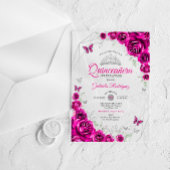 Quinceanera Fuchsia Pink Silver Floral アクリル招待状