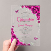Quinceanera Fuchsia Pink Silver Floral アクリル招待状 (インサイチュ (ポータブル))