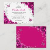 Quinceanera Fuchsia Pink Silver Floral Details エンクロージャーカード (正面/裏面)