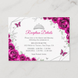 Quinceanera Fuchsia Pink Silver Floral Details エンクロージャーカード