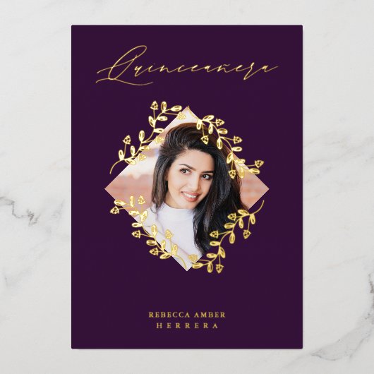 Quinceañera Golden Diamond Wildflowers Photo 箔招待状 (正面)