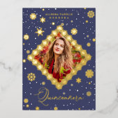 Quinceañera Golden Snowflakes Winter Christmas 箔招待状 (正面)
